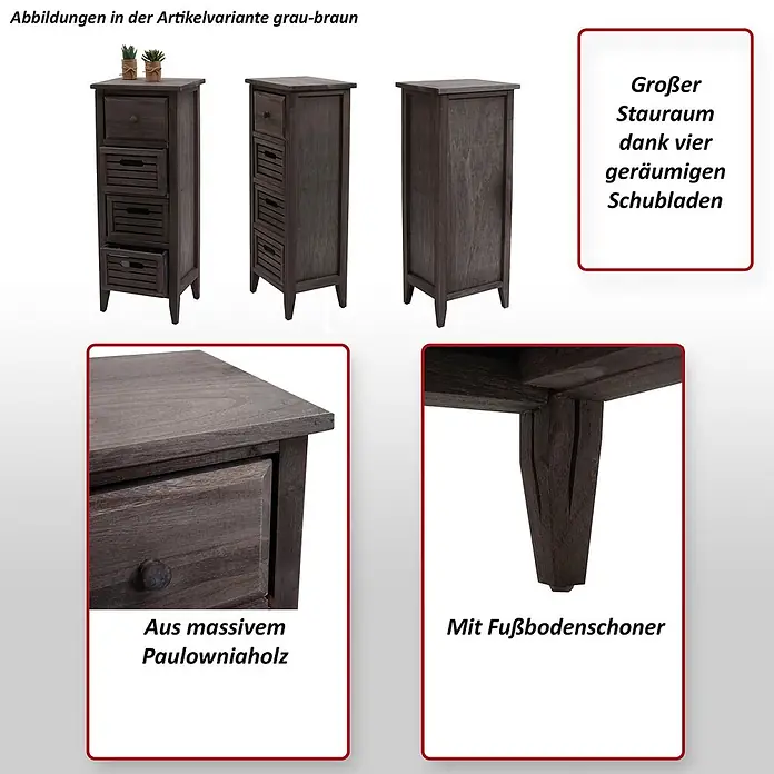 Mendler Kommode T18 74x30x25cm - weiß -  - Grau-brauner schmaler Schrank aus massivem Paulowniaholz mit vier geräumigen Schubladen und Bodenschonern.