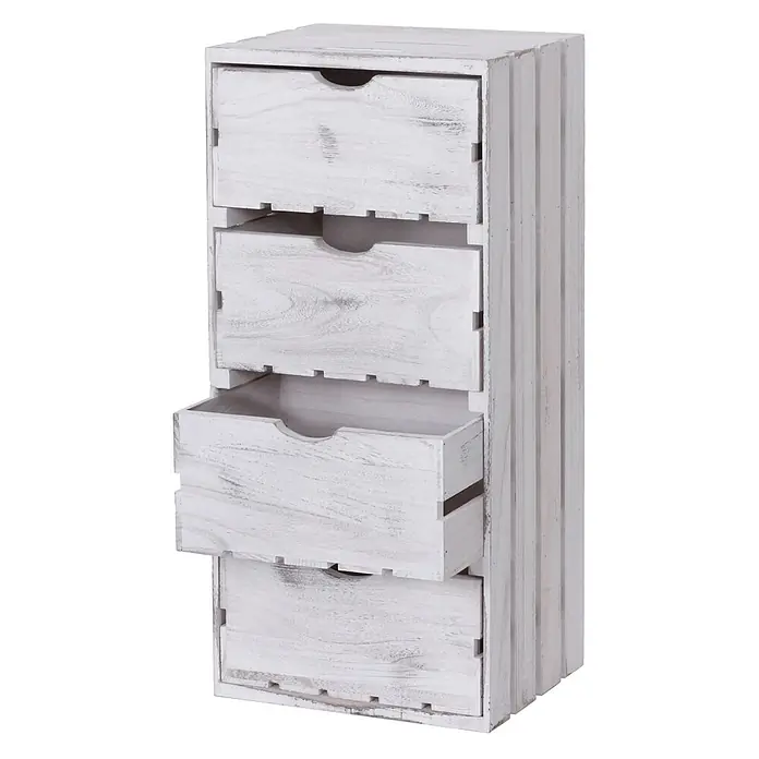 Mendler Kommode HWC-C62 4 Schubladen 70x32x26cm - weiß -  - Weißer Beistellschrank aus Altholz mit fünf Schubladen, eine leicht geöffnet, für rustikale Aufbewahrung.