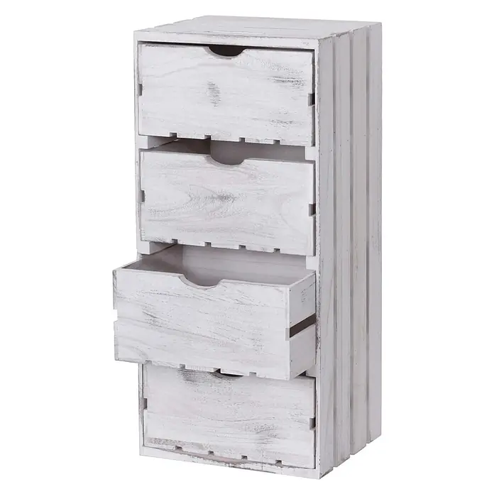 Mendler Kommode HWC-C62 4 Schubladen 70x32x26cm - weiß -  - Weiße, patinierte Holzkommode mit fünf Schubladen, eine teilweise geöffnet.