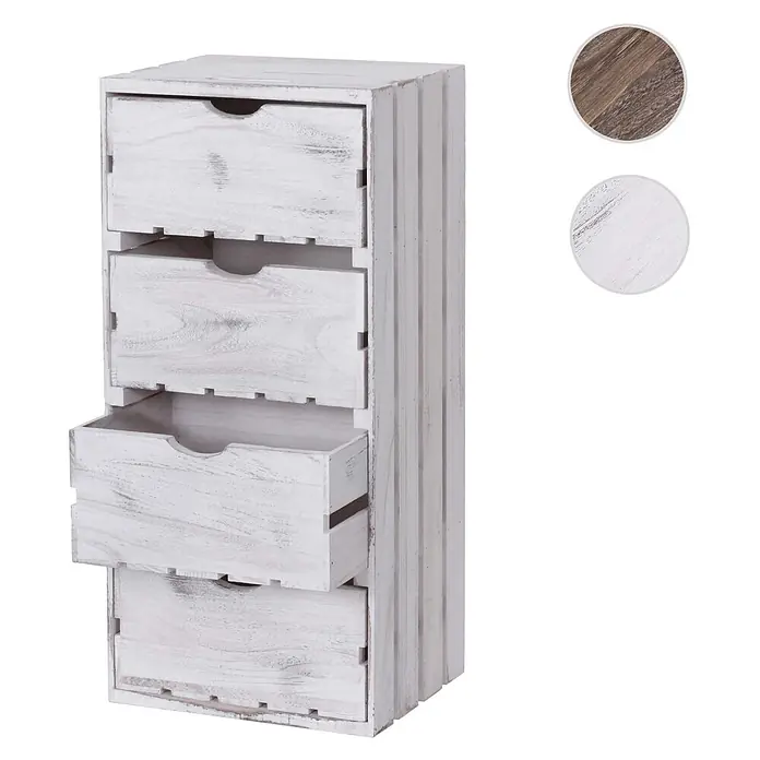 Mendler Kommode HWC-C62 4 Schubladen 70x32x26cm - weiß -  - Weißer, antik wirkender Holzschrank mit 4 Schubladen, eine leicht geöffnet.