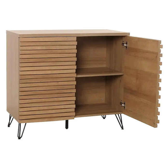 Mendler Kommode HWC-M49 MDF Metall 85x95x45cm - Natur -  - Heller Holzschrank, Lamellentür links, offenes rechtes Regal, schwarze Hairpin-Beine.