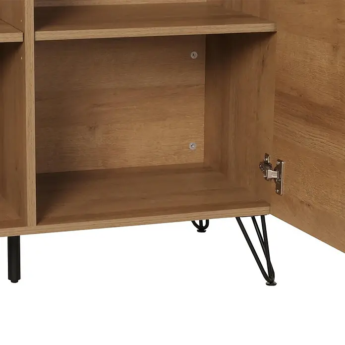 Mendler Kommode HWC-M49 MDF Metall 85x95x45cm - Natur -  - Hellbrauner Holzschrank mit offenen Regalen, einem Metalltürscharnier und schwarzen geraden und Haarnadelbeinen.
