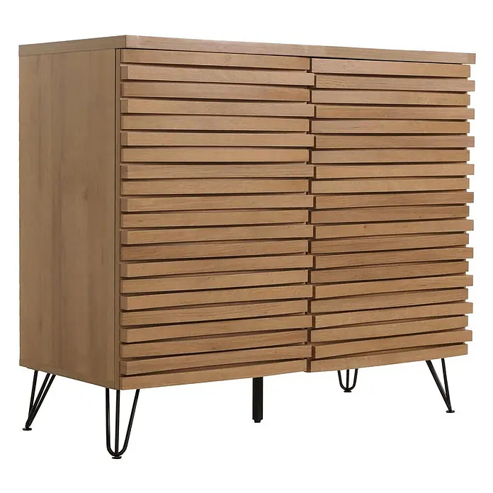 Mendler Kommode HWC-M49 MDF Metall 85x95x45cm - Natur -  - Modernes helles Holz Sideboard mit Lamellentüren und schwarzen Haarnadelbeinen.