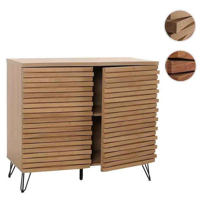 Mendler Kommode HWC-M49 MDF Metall 85x95x45cm - Natur -  - Hellbrauner Holzschrank mit horizontalen Lamellentüren, eine leicht geöffnet, auf schwarzen Haarnadelbeinen.