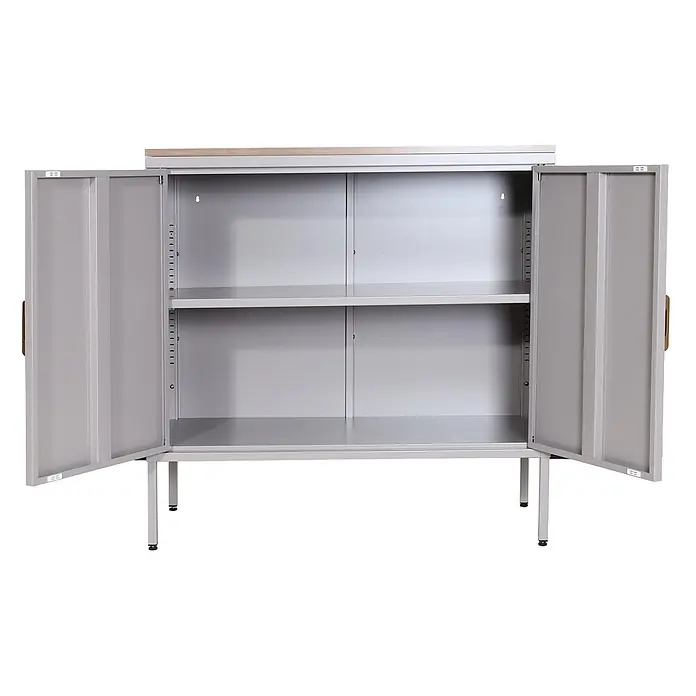 Mendler Kommode HWC-L84 - L x B x H: 90 x 40 x 90 cm, Grau - Grauer Metallschrank mit zwei offenen Türen, heller Holzplatte und zwei Innenfächern, auf Beinen stehend.