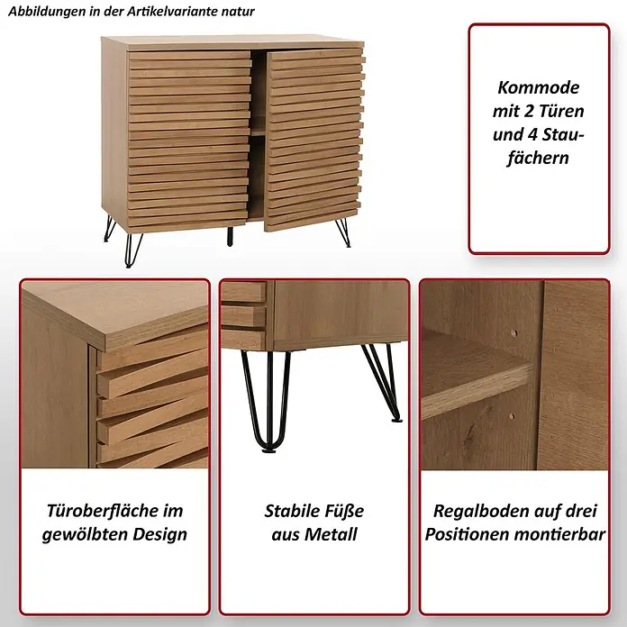 Mendler Kommode HWC-M49 MDF Metall 85x95x45cm - Natur -  - Kommode aus Naturholz mit 2 Lamellentüren, 4 Fächern und schwarzen Metallfüßen.