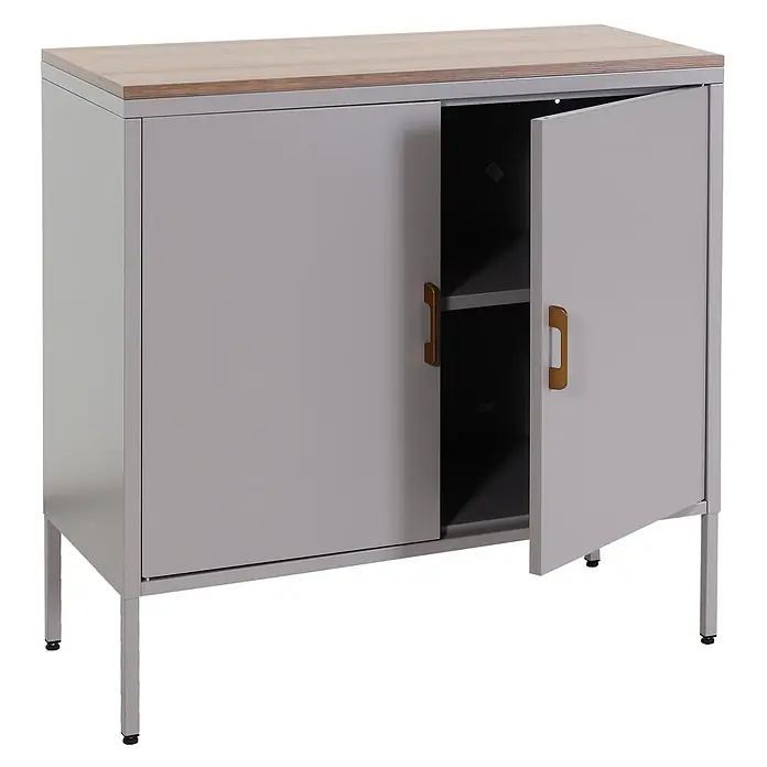 Mendler Kommode HWC-L84 - L x B x H: 90 x 40 x 90 cm, Grau - Grauer Metallschrank mit Holzplatte und goldenen Griffen. Eine Tür ist offen und enthüllt ein Innenregal.
