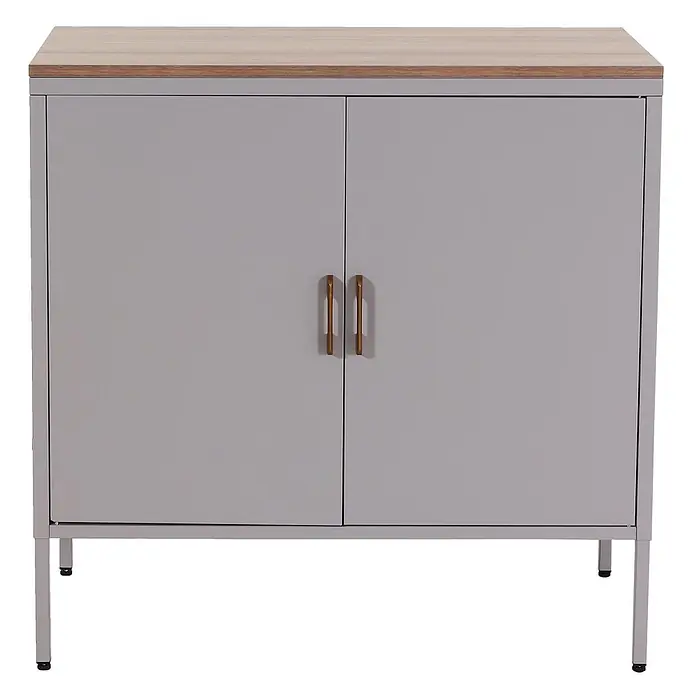 Mendler Kommode HWC-L84 - L x B x H: 90 x 40 x 90 cm, Grau - Hellgrauer Schrank mit Holzoptik-Platte, zwei Türen und messingfarbenen Griffen, auf schlanken Metallbeinen.