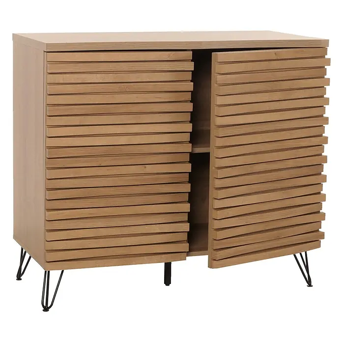 Mendler Kommode HWC-M49 MDF Metall 85x95x45cm - Natur -  - Helles Holzschränkchen mit Lamellentüren und schwarzen Haarnadelbeinen. Eine Tür ist offen und zeigt ein Regal im Inneren.
