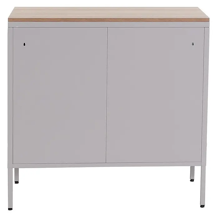 Mendler Kommode HWC-L84 - L x B x H: 90 x 40 x 90 cm, Grau - Grauer Metallschrank mit zwei Türen und Holzplatte, auf schlanken Metallbeinen. Ideal zur Aufbewahrung.