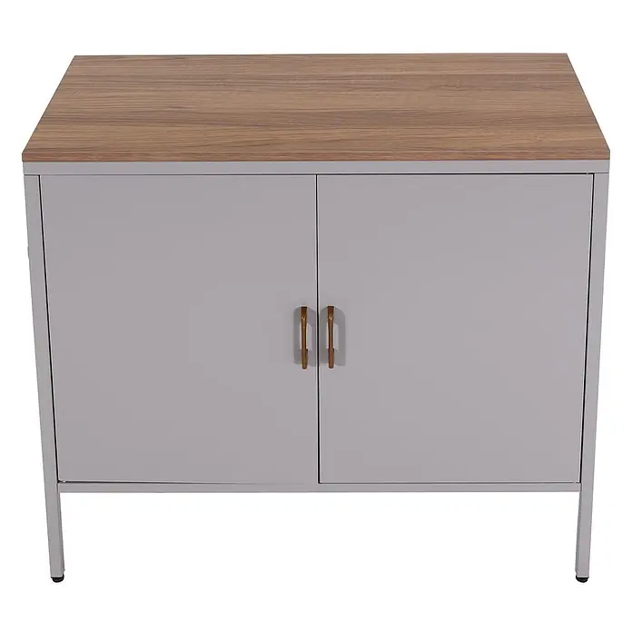 Mendler Kommode HWC-L84 - L x B x H: 90 x 40 x 90 cm, Grau - Grauer zweitüriger Schrank mit heller Holzplatte und braunen Griffen auf vier Beinen.