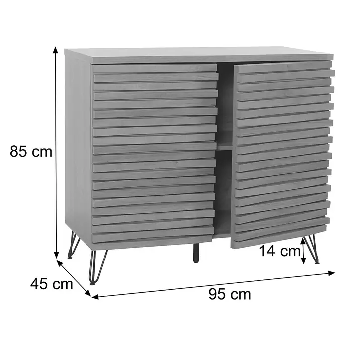 Mendler Kommode HWC-M49 MDF Metall 85x95x45cm - Natur -  - Grauer Holzschrank mit Lamellentüren und schwarzen Metallbeinen, eine Tür offenbart ein Regal.