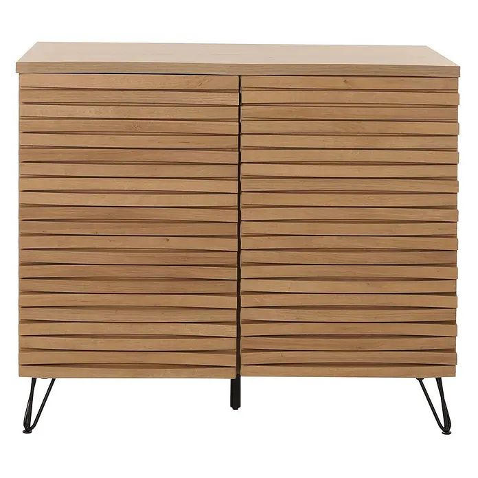 Mendler Kommode HWC-M49 MDF Metall 85x95x45cm - Natur -  - Hellbrauner Holzschrank mit Lamellentüren und schwarzen Haarnadelfüßen.
