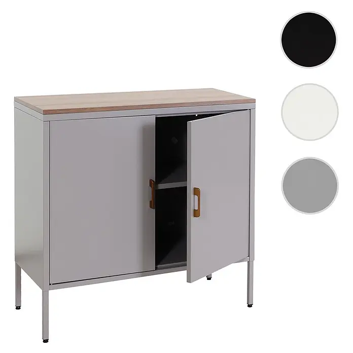 Mendler Kommode HWC-L84 - L x B x H: 90 x 40 x 90 cm, Grau - Grauer Schrank mit Holzplatte, goldenen Griffen, offener Tür mit Regal. Inkl. schwarzer, weißer, grauer Farboptionen.