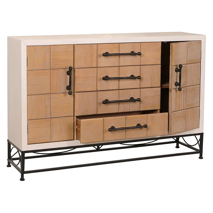 Mendler Kommode HWC-N30 92x140x42cm Massiv-Holz MDF -  - Holzsideboard mit weißem Rahmen, schwarzen Metallgriffen und offener Tür/Schublade auf Metallgestell.