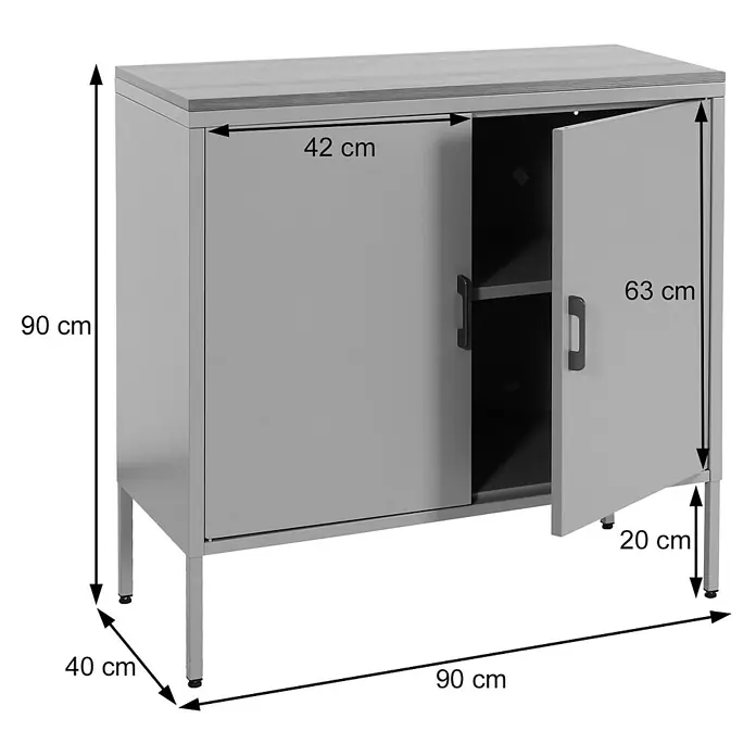 Mendler Kommode HWC-L84 - L x B x H: 90 x 40 x 90 cm, Grau - Grauer Metallschrank mit Holzplatte und zwei Türen, eine offen mit Regal.