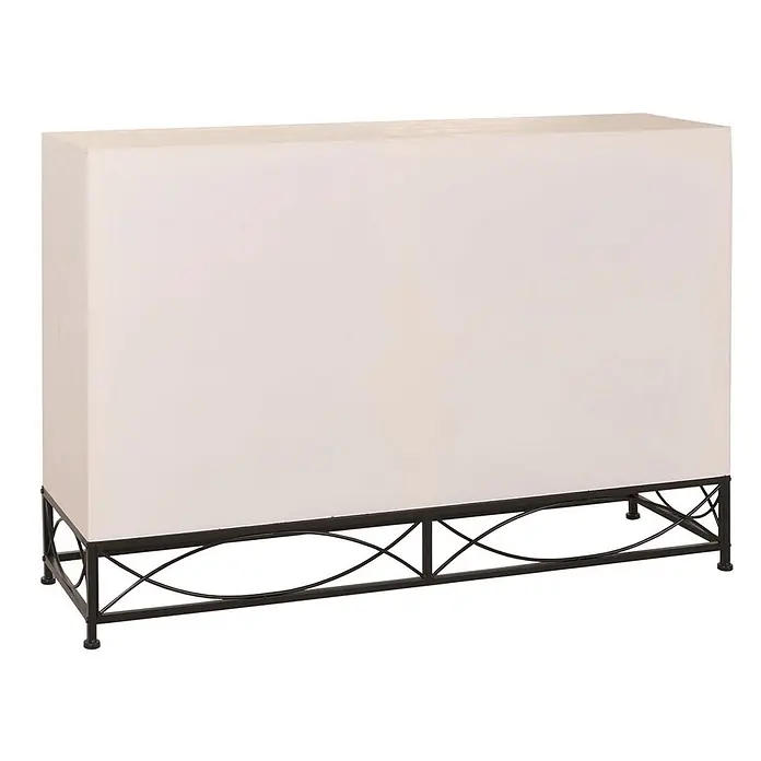 Mendler Kommode HWC-N30 92x140x42cm Massiv-Holz MDF -  - Rechteckiger Konsolentisch mit hellbeiger Platte und schwarzem, verziertem Metallgestell.