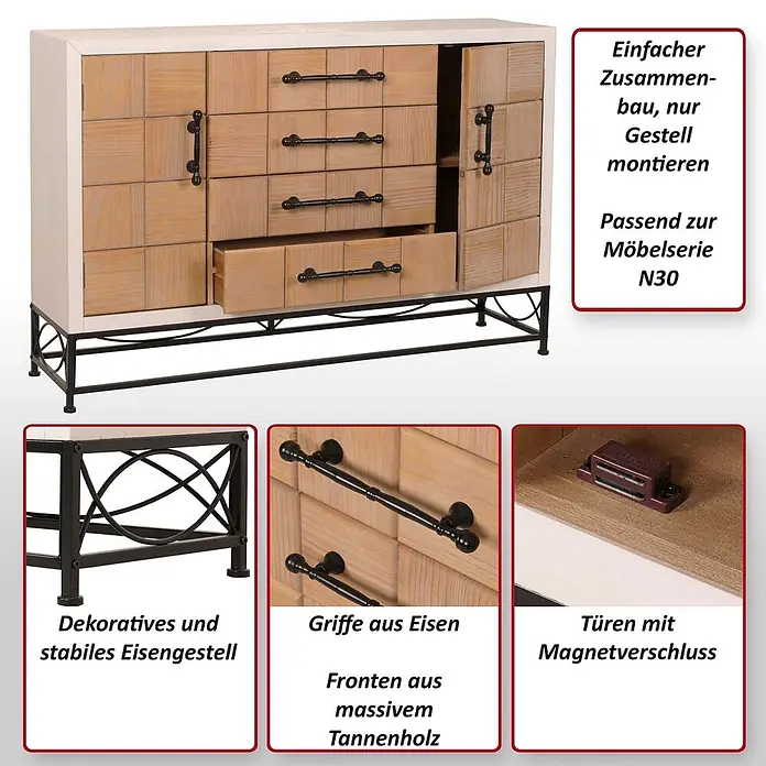 Mendler Kommode HWC-N30 92x140x42cm Massiv-Holz MDF -  - Holzkommode mit Schubladen, Türen, schwarzem Eisengestell und Metallgriffen. Fronten aus massivem Tannenholz, Türen mit Magnetverschluss.