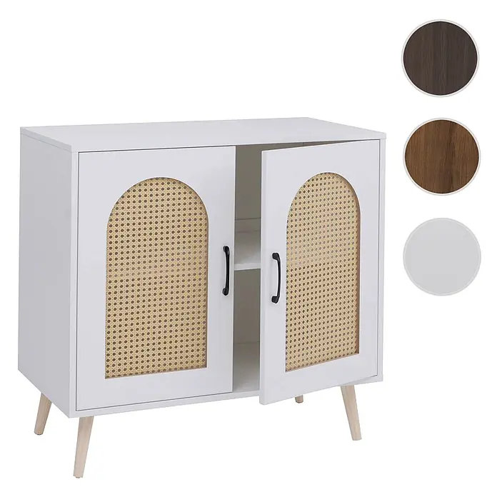 Mendler Kommode HWC-P51, Poly-Rattan MDF 79x80x40cm - weiß -  - Weißer Schrank mit halbrunden Rattan-Geflechtüren, schwarzen Griffen und hellen Holzbeinen. Eine Tür ist geöffnet und zeigt ein Innenregal.