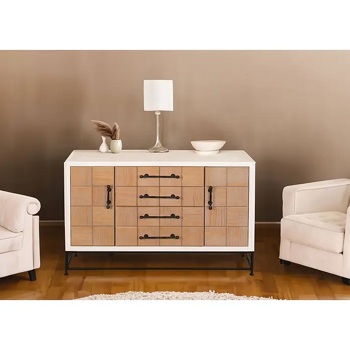 Mendler Kommode HWC-N30 92x140x42cm Massiv-Holz MDF -  - Holz-Sideboard mit gemusterten Holzpaneelen, weißer Platte und schwarzen Metallbeinen, als Stauraum in einem Raum arrangiert.