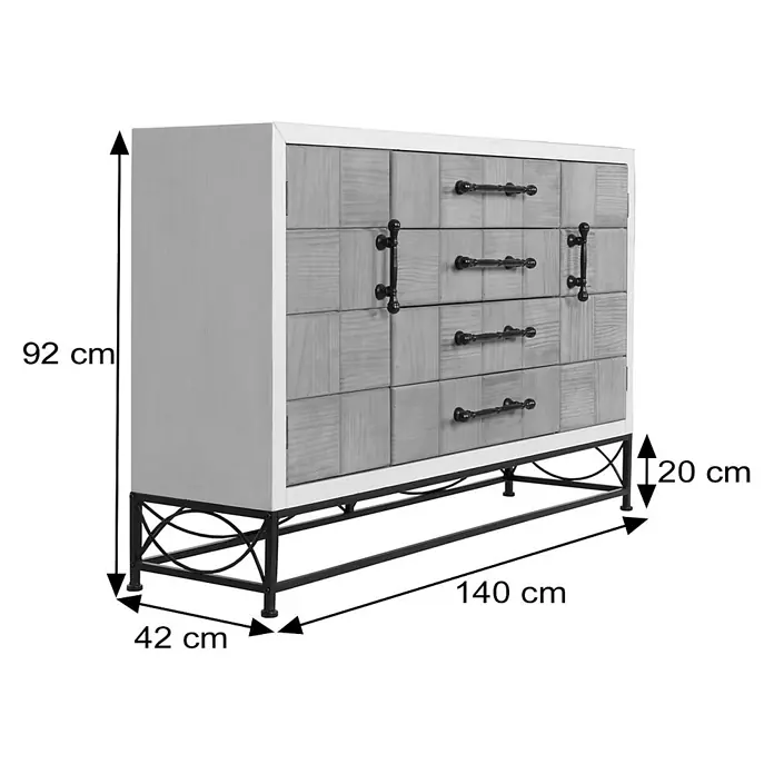 Mendler Kommode HWC-N30 92x140x42cm Massiv-Holz MDF -  - Weiße Kommode mit grauen Holzpaneel-Fronten und schwarzem Metallgestell. Maße: 140x42x92 cm, Sockelhöhe 20 cm.