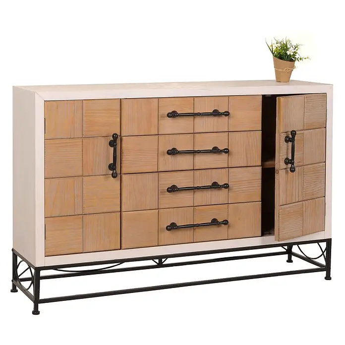 Mendler Kommode HWC-N30 92x140x42cm Massiv-Holz MDF -  - Rustikales Sideboard mit weißem Rahmen, naturfarbenen Holztüren (eine offen) und vier Schubladen mit schwarzen Griffen, sowie einem schwarzen Metallgestell.