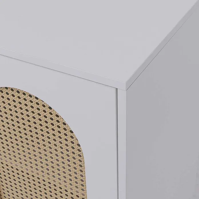 Mendler Kommode HWC-P51, Poly-Rattan MDF 79x80x40cm - weiß -  - Hellgrauer Schrank mit gewölbter Rattan-Türverkleidung.