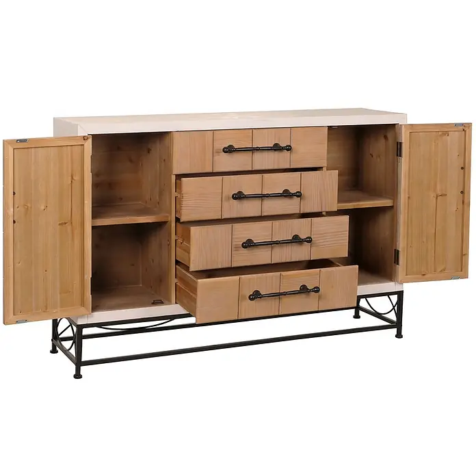 Mendler Kommode HWC-N30 92x140x42cm Massiv-Holz MDF -  - Sideboard aus Naturholz mit heller Platte und schwarzem Metallgestell, mit offenen Seitentüren mit Regalen und mehreren offenen Schubladen.