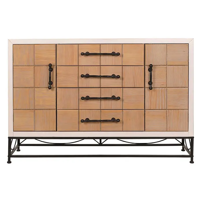 Mendler Kommode HWC-N30 92x140x42cm Massiv-Holz MDF -  - Rustikaler Schrank aus hellen Holzblöcken mit weißem Rahmen, schwarzen Metallgriffen und verziertem Metallgestell.