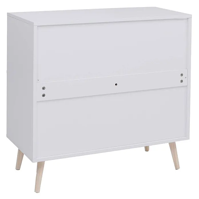 Mendler Kommode HWC-P51, Poly-Rattan MDF 79x80x40cm - weiß -  - Rückseite eines weißen Schranks mit hellen, konischen Holzbeinen und einem horizontalen Sicherheitsband.