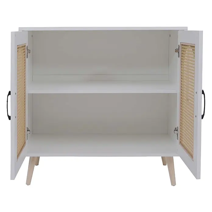 Mendler Kommode HWC-P51, Poly-Rattan MDF 79x80x40cm - weiß -  - Weißer Schrank mit zwei Türen, die offene Korbflechtpaneele zeigen, und zwei Innenregalen. Er steht auf vier hellen Holzbeinen und hat schwarze Griffe.