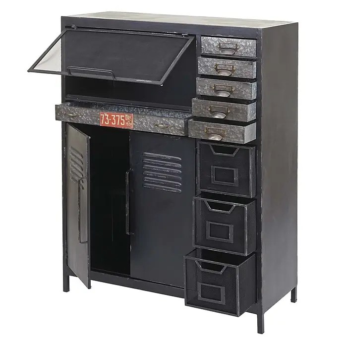 Mendler Apothekerkommode HWC-F32 Industriedesign 115x89x35cm -  - Industrieller dunkelgrauer Metallschrank im Used-Look mit Netzklappe, Metallschubladen und Netzkorben.