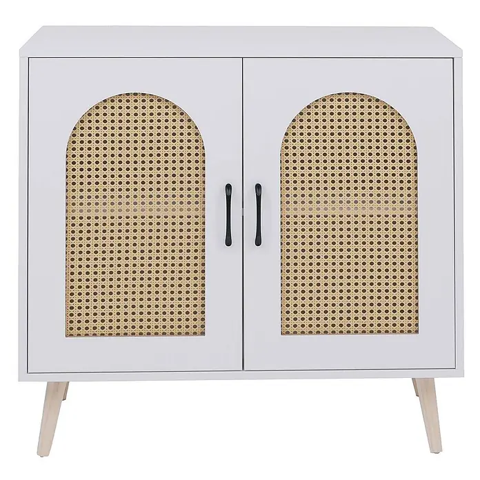 Mendler Kommode HWC-P51, Poly-Rattan MDF 79x80x40cm - weiß -  - Weißer zweitüriger Schrank mit gewölbten Rattan-Einsätzen, schwarzen Griffen und hellen Holzbeinen.