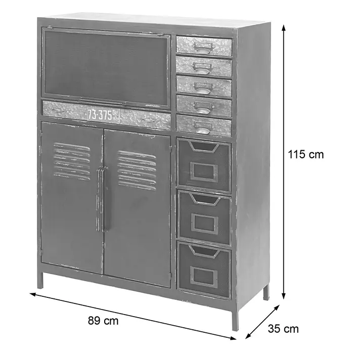 Mendler Apothekerkommode HWC-F32 Industriedesign 115x89x35cm -  - Grauer Industrial-Metallschrank mit Schubladen, Gitterkörben und Doppeltüren für Stauraum.