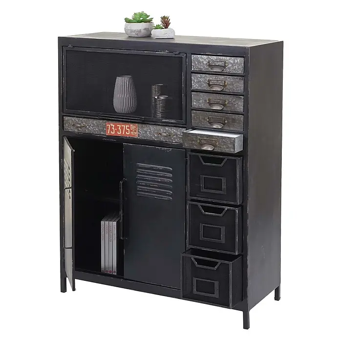 Mendler Apothekerkommode HWC-F32 Industriedesign 115x89x35cm -  - Industrieller schwarzer Metallschrank mit Gittertür, verzinkten Schubladen mit Etikettenhaltern, perforierter Tür und Gitterkörben.
