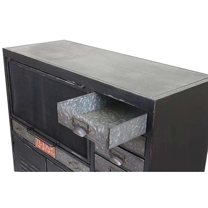 Mendler Apothekerkommode HWC-F32 Industriedesign 115x89x35cm -  - Industrieller Schrank in Alt-Schwarz mit verzinkten Metallschubladen, eine offen und ihren strukturierten Innenraum zeigend, sowie einer Gittertür.