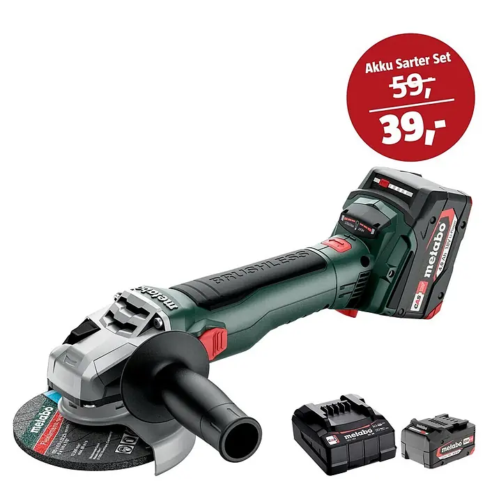 Metabo CAS 18V Maschinen-Set - Akku-Winkelschleifer W 18 LT BL 11-125 + 39€ Akku-Basis-Set - Grün-schwarzer Metabo Akku-Winkelschleifer mit Akku, zwei Ersatzakkus und rotem Aktionsaufkleber für ein 'Akku Starter Set' (59 auf 39).