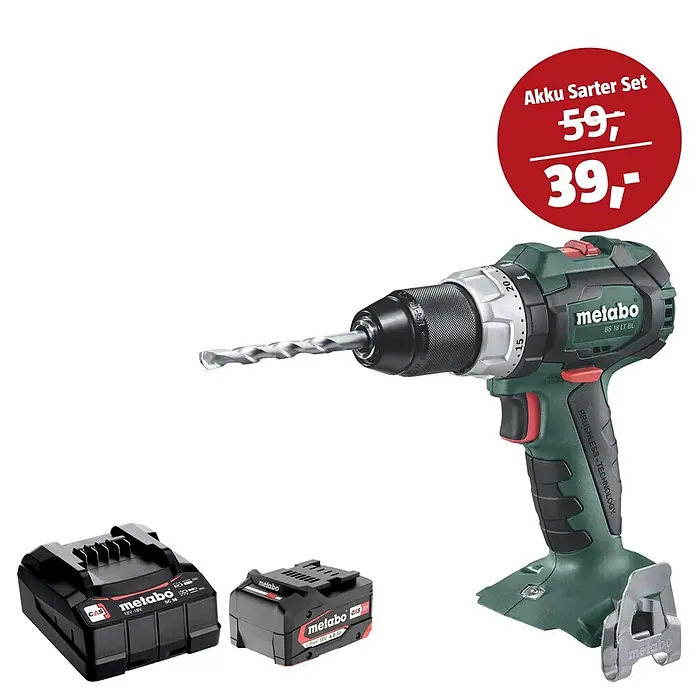 Metabo CAS 18V Maschinen-Set - Akku-Bohrschrauber BS 18 LT BL + 39€ Akku-Basis-Set - Grün-schwarzer Metabo Akkubohrschrauber mit Bohrer und zwei Akkus, beworben als Starter-Set mit Preisreduzierung.