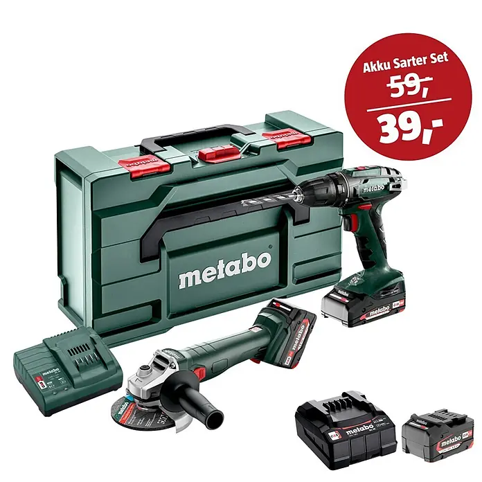 Metabo CAS 18V Maschinen-Set - Maschinen-Set Akku Combo Set 2.4.3 18 V + 39€ Akku-Basis-Set - Metabo Akku-Bohrschrauber, Winkelschleifer, Ladegerät und Akkus in grünem Koffer. Akku Starter Set für 39,-.