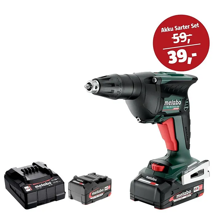 Metabo CAS 18V Maschinen-Set - Akku-Trockenbauschrauber TBS 18 LTX BL 5000 + 39€ Akku-Basis-Set - Grüner und schwarzer Metabo Akkuschrauber mit rotem Abzug, dazu zwei schwarze Metabo Akkus und ein Ladegerät.
