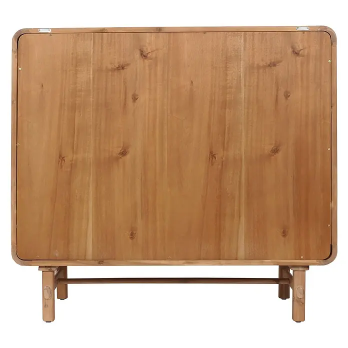 Mendler Kommode HWC-M47 Rattan Akazie 101x109x45cm -  - Rückseite eines hellbraunen Holzschranks mit abgerundeten Ecken und Holzbeinen.