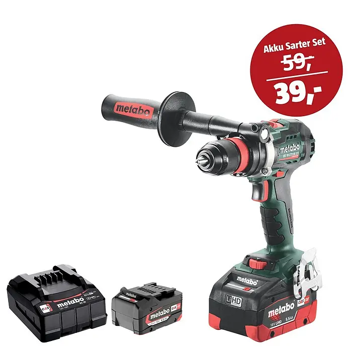 Metabo CAS 18V Maschinen-Set - Akku-Bohrschrauber BS 18 LTX BL Q I + 39€ Akku-Basis-Set - Metabo Akku-Bohrschrauber, grün-schwarz, mit Seitenhandgriff, Ladegerät und zwei zusätzlichen Akkus.