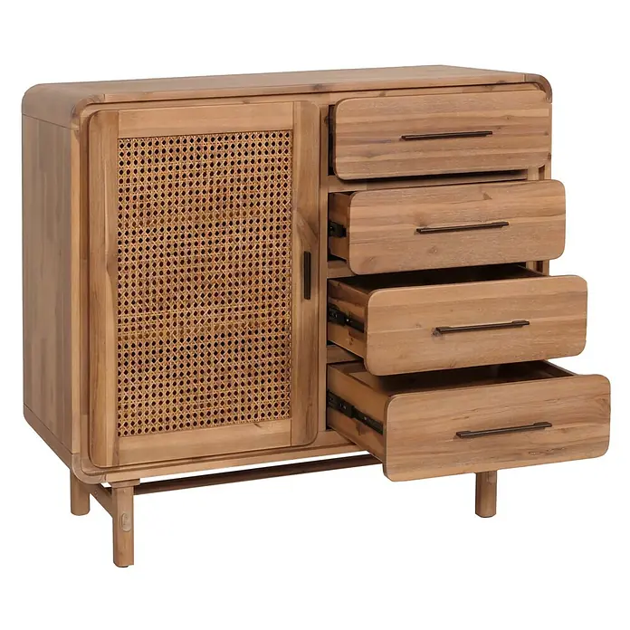 Mendler Kommode HWC-M47 Rattan Akazie 101x109x45cm -  - Helles Holzsideboard mit Rattantür und vier offenen Schubladen, mit dunklen Metallgriffen und abgerundeten Kanten.