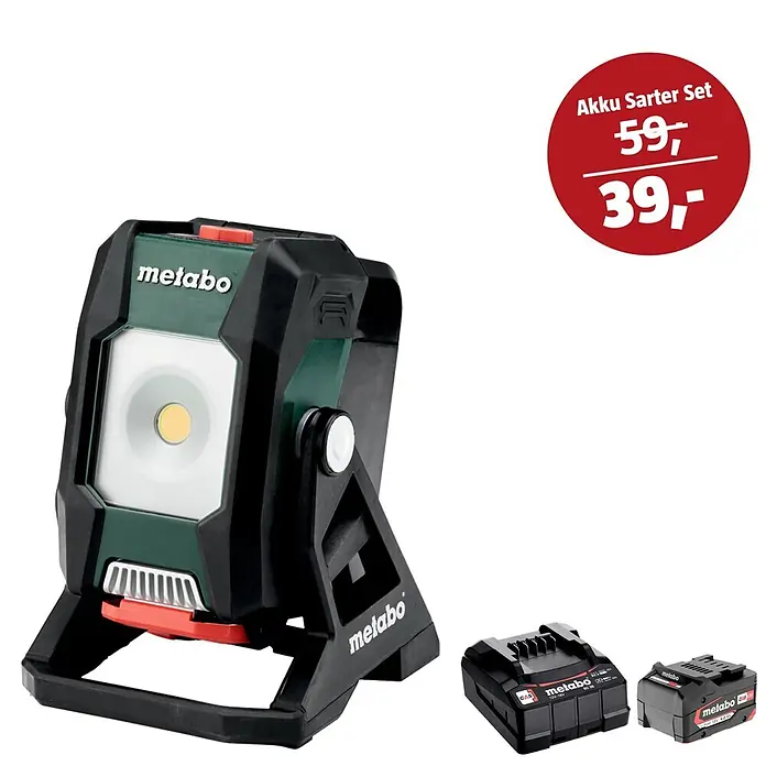 Metabo CAS 18V Maschinen-Set - LED-Akkustrahler BSA 18 LED 4000 + 39€ Akku-Basis-Set - Metabo grün-schwarzer Arbeitsstrahler mit zwei schwarzen Metabo Akkupacks, als 'Akku Starter Set' zum reduzierten Preis.