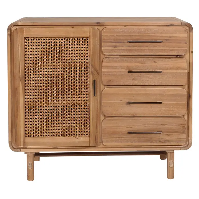Mendler Kommode HWC-M47 Rattan Akazie 101x109x45cm -  - Helles Holzschränkchen mit Rattantür links und vier Schubladen mit Metallgriffen rechts auf kurzen Holzbeinen.