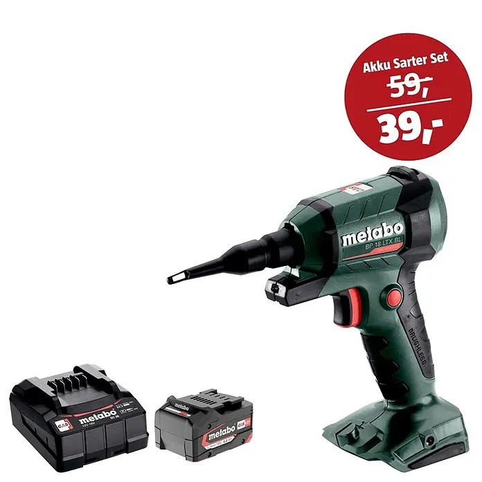 Metabo CAS 18V Maschinen-Set - Akku-Blaspistole BP 18 LTX BL + 39€ Akku-Basis-Set - Grüner und schwarzer Metabo Akku-Trockenbauschrauber mit schwarzem Ladegerät und 18V Akku als Starter-Set.