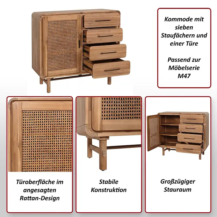 Mendler Kommode HWC-M47 Rattan Akazie 101x109x45cm -  - Holzkommode mit Rattan-Tür und sieben Staufächern, bietet stabilen und geräumigen Stauraum.