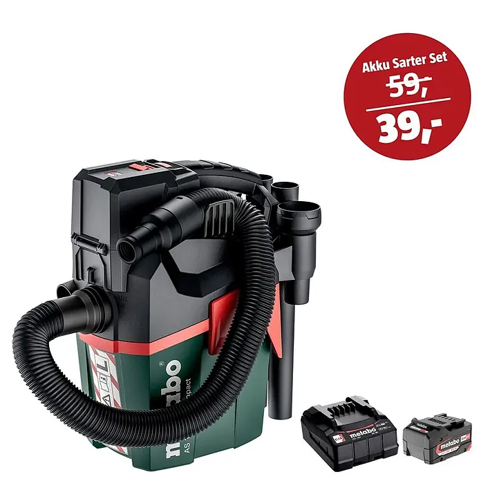 Metabo CAS 18V Maschinen-Set - Akku-Nass-Trockensauger AS 18 L PC Compact + 39€ Akku-Basis-Set - Metabo schwarz/grüner Akku-Staubsauger mit Schlauch, zwei Akkus und rotem Preisschild für Starter-Set.