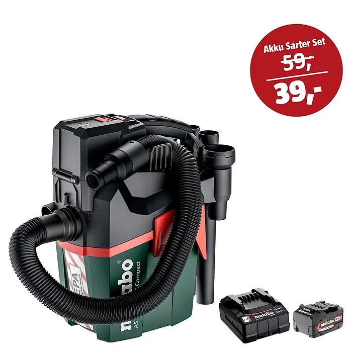 Metabo CAS 18V Maschinen-Set - Akku-Nass-Trockensauger AS 18 HEPA PC Compact + 39€ Akku-Basis-Set - Metabo Akku-Staubsauger (schwarz/grün) mit Schlauch, Zubehör und zwei Akkus. Roter Preisaufkleber zeigt Rabatt.