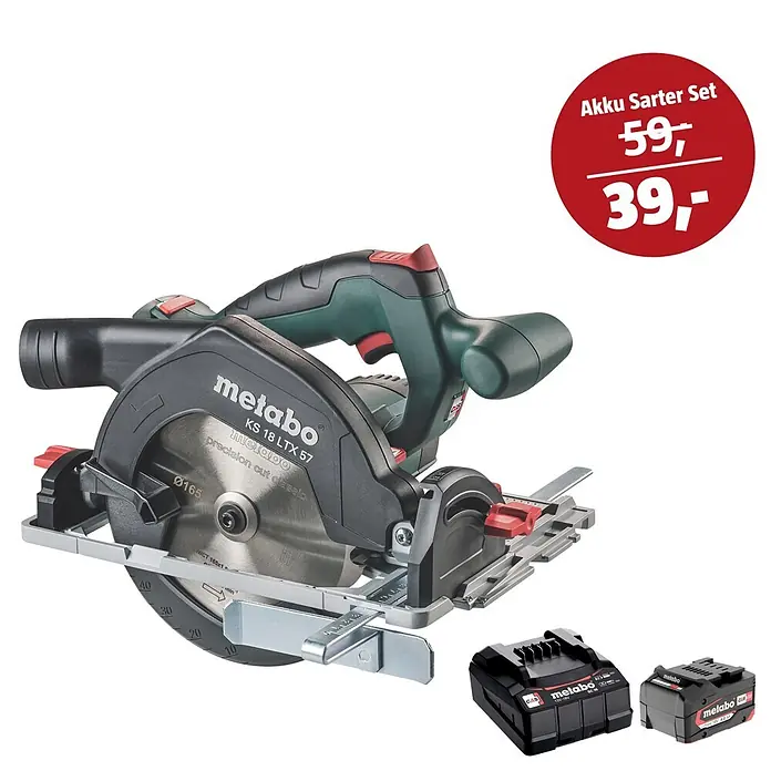 Metabo CAS 18V Maschinen-Set - Akku-Handkreissäge KS 18 LTX 57 + 39€ Akku-Basis-Set - Metabo Akku-Handkreissäge KS 18 LTX 57 (dunkelgrau/grün) mit Sägeblatt, Skala und zwei schwarzen Metabo Akkus. Akku Starter Set Angebot.